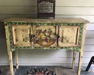 Old hand painted buffet & bird cage