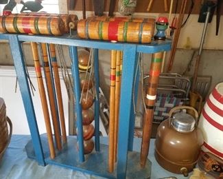 Vintage outdoor items. Cool croquet set, thermos