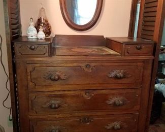Much antique furniture. Antique walnut chest of drawers w/ hand carved drawer pulls