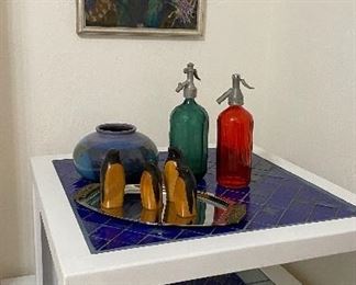 Beautiful custom made coffee tables inlayed with dreamy blue tiles tops