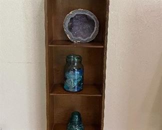 Old Early American thin shelf, Old moxie nerve food bottle, globe brown canning jar, large amethyst geode, Old crockery bottles