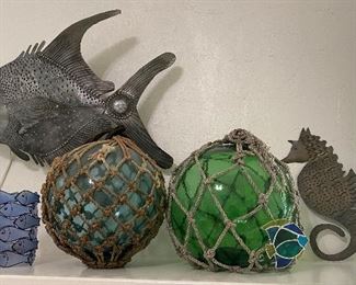 Large 12” Antique Japanese fishing balls. Metal fish lighting sconce, blue fish capeze votive, metal seahorse