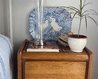 Pair simple wooden night stands, large Blue and white serving platter Pair seagulls motif , pair lamps