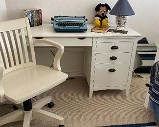 Crate and Barrel desk, vintage typewriter, vintage Mickey Mouse stuffy