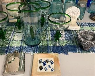 Vintage classic cactus Mexican margarita glass pitcher and serving stems