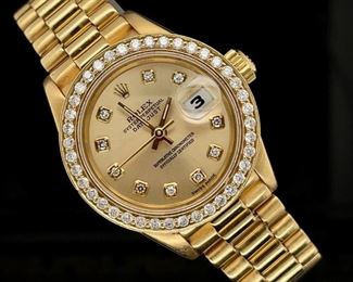 Ladies Rolex 18k Gold President Datejust 69178 Watch with 1.04 Carat Diamond Dial and Bezel