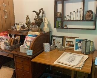 Roll top desk, table, prints, paper collectibles