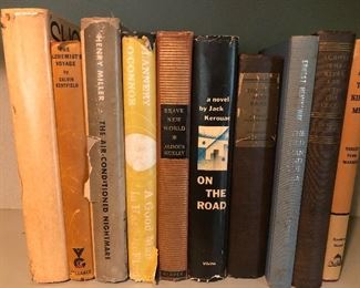 FIRST EDITIONS: (scroll up)
Ernest Hemingway “The Sun Also Rises”
Robert Penn Warren “All the Kings Men”
Jack Kerouac “On the Road”
Aldo us Huxley “Brave New World”
Ernest Hemingway “The Old Man and the Sea”
Flannery O’Connor “ A Good Man Is Hard to Find”
Russell Speirs “ Shout From the Bottom of a Deep Well”
Henry Miller “ The Air-Conditioned Nightmare”
Calvin Kentfield “ The Alchemist’s Voyager”
Ernest Hemingway “ Across the River into the Trees”

