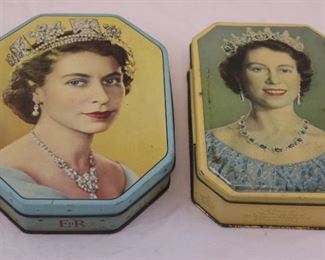 Vintage 1950s tin litho souvenir candy tins HM Queen Elizabeth II
