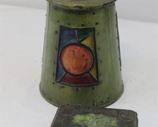 Early 1900s tall lantern biscuit tin and Jack Daniel's playing cards tin
