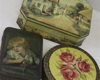 Vintage trio of large Made in England biscuit, candy, cookie tins
