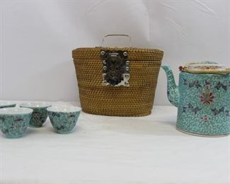 Tea set in basket
