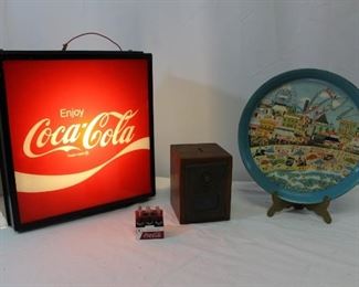 Vintage Coca Cola light, wooden bank, platter and décor lot
