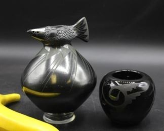 Two pieces Native American Pottery Black on Black
