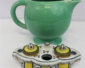 Homer Laughlin Ice Green Fiesta ware Pitcher and Antique French Inkwell
