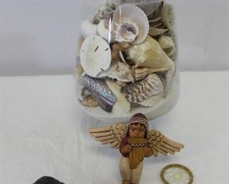 LOT: Guatemalan angel, walrus sculpture, dreamcatcher

