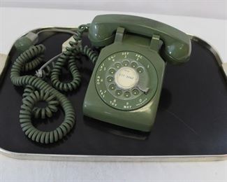 MCM silver/black tray and vintage avocado dial phone
