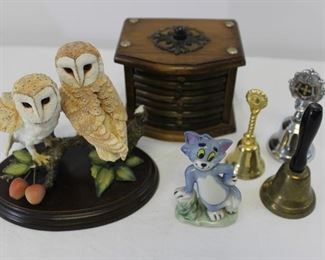 LOT: Barn owls, coaster set, bells, Felix the Cat
