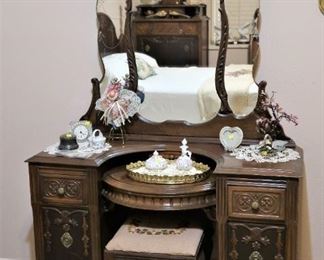 Antique walnut vanity and stool