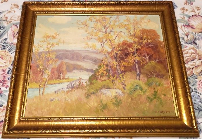 Peter Hohnstedt, renowned Texas artist original oil on canvas, Dated 1938.  He lived in Comfort Texas, so this is likely a landscape of the Comfort area.  Size with frame is 20 1/2" H x 24 1/2" W
