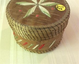 American Indian  hand made lidded basket. The decoration on the box is made of porcupine quills
