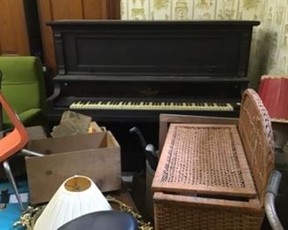 Antique upright Piano, wicker chest