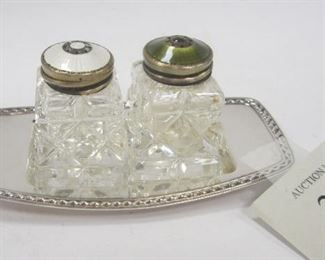 Danish salt and pepper with sterling and enameled lids, some wear