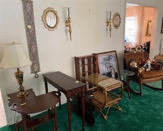 Various Bombay tables, shelves, plant stand with marble top.