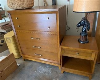  nice  mid century solid wood bedroom furniture- tall chest -night stand -dresser and mirror   horse lamp is pretty cool too !!