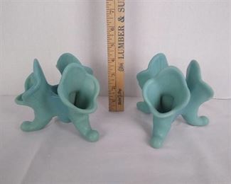 Pair of teal Van Briggle Cornucopia bud based candle holders