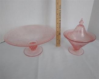 Original 1920s pink depression glass covered candy dish and bowl