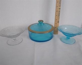Blue and clear flower garden with butterflies 1920's 3" Comforts and a blue Depression Covered Candy Dish with gold trim