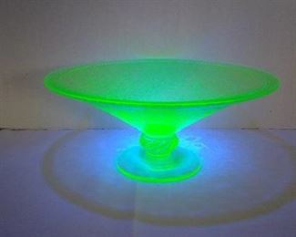 Green Vaseline glass flower garden with butterflies large footed comport