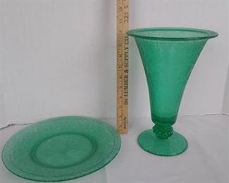 Flower garden with butterflies green footed vase Tiffinus glass and a green large 10 " plate