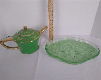 Green glass butterfly tray and teapot