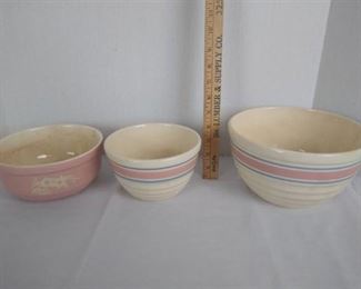 2 Vintage USA MCCOY pink and blue striped pottery mixing bowls E-1-6 and one pink Cameoware bowl