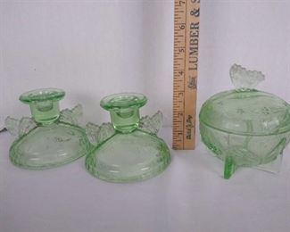 1930s Sowerbys pale green glass candlestick holders and candy dishwith butterflies