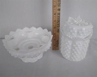 Fenton hobnail milk glass jar candy dish w/butterfly lid and Fenton hobnail milk glass candle bowl