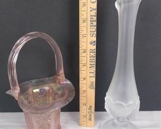 Pink Fenton glass basket with butterflies and frosted glass Fenton vase