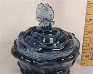 Fenton glass blue cabbage rose w/butterfly lidded candy dish