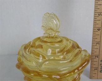 Fenton glass gold tinted cabbage rose w/butterfly lidded candy dish