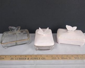 3 Vintage glass butterfly jewelry box- one clear