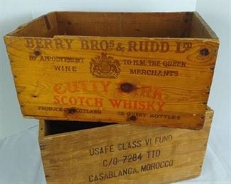Mateus Ross table wine crate and a Berry bros & Rudd Cutty Sark scotch whisky crate