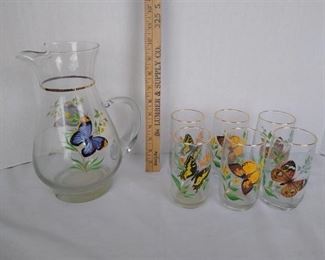 Butterfly pitcher with 6 matching glasses