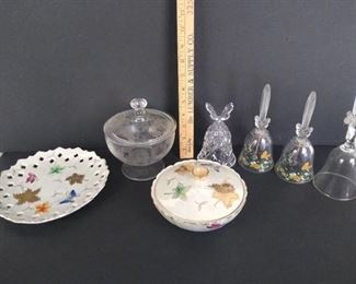 4 butterfly bells and 2 butterfly candy dishes- one has plate