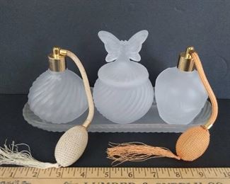 5 pieces of frosted glass- 2 perfume bottles, trinket box with lid and a tray