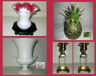 Cased Glass Vase, Metal Pineapple Box,  Wedgwood Vase and Pair of Metal and Glass Candle Holders 
