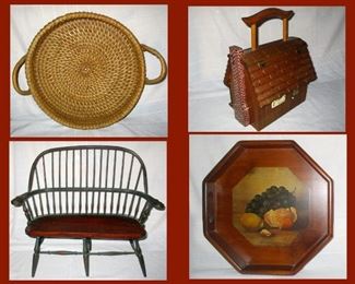 Large Woven Basket Tray, Wooden House Basket with Handle, Mini Windsor Style Bench and Wooden Tray 