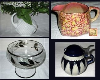 Milk Glass Hobnail Pitcher, Royal Winton Pitcher, Silver Overlay Compote and Small German Pot 
