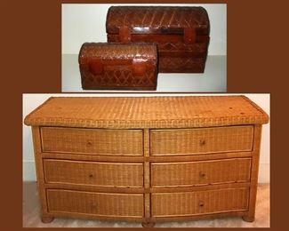 Pair of Leather Boxes and Wicker Dresser
